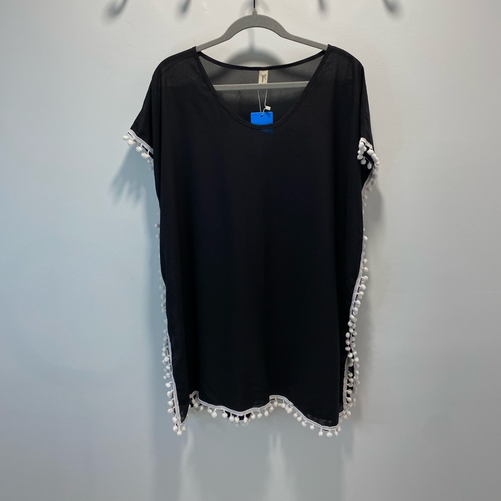 Black Pom-Pom Trim Swim Coverup